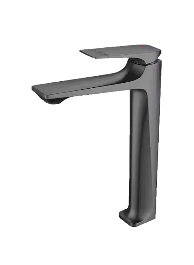 Tall square grey sink mixer with patterned handle and hoses - Image 2